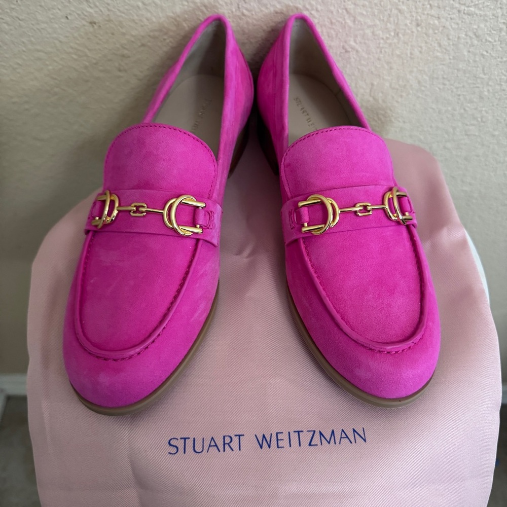 Women Stuart Weitzman Owen Buckle suede classic Pink fuchsia summer comfy Loafer